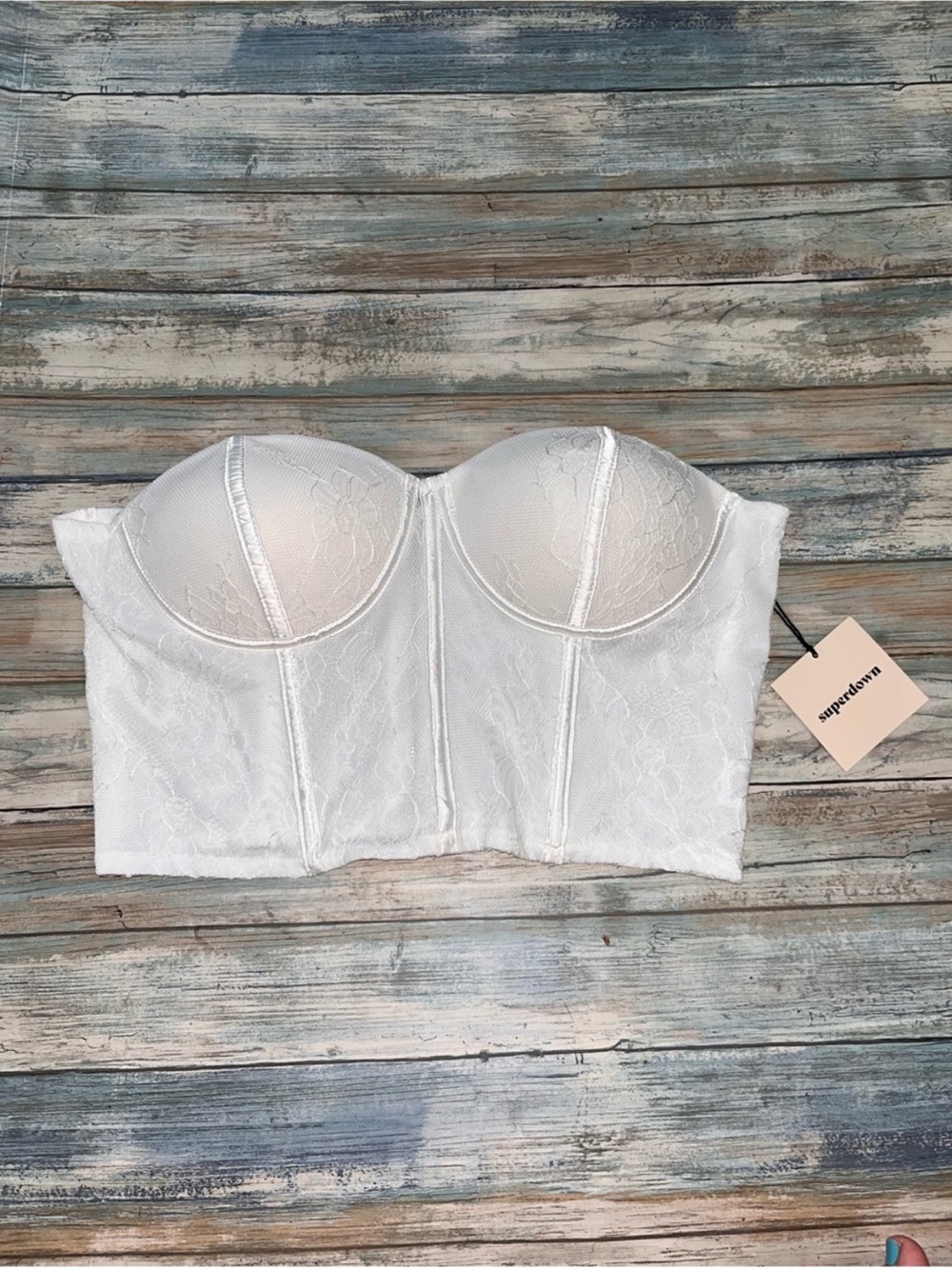 Superdown White Lilly Lace Bustier Corset Crop Top Strapless Boned L NWT - Picture 2 of 5